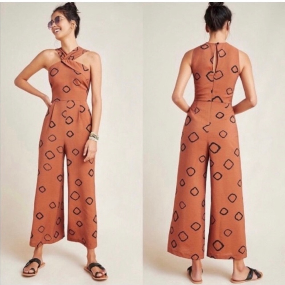 Anthropologie Eva Franco Jumpsuit Faith Wide Leg Sleeveless Orange Black Sz 6